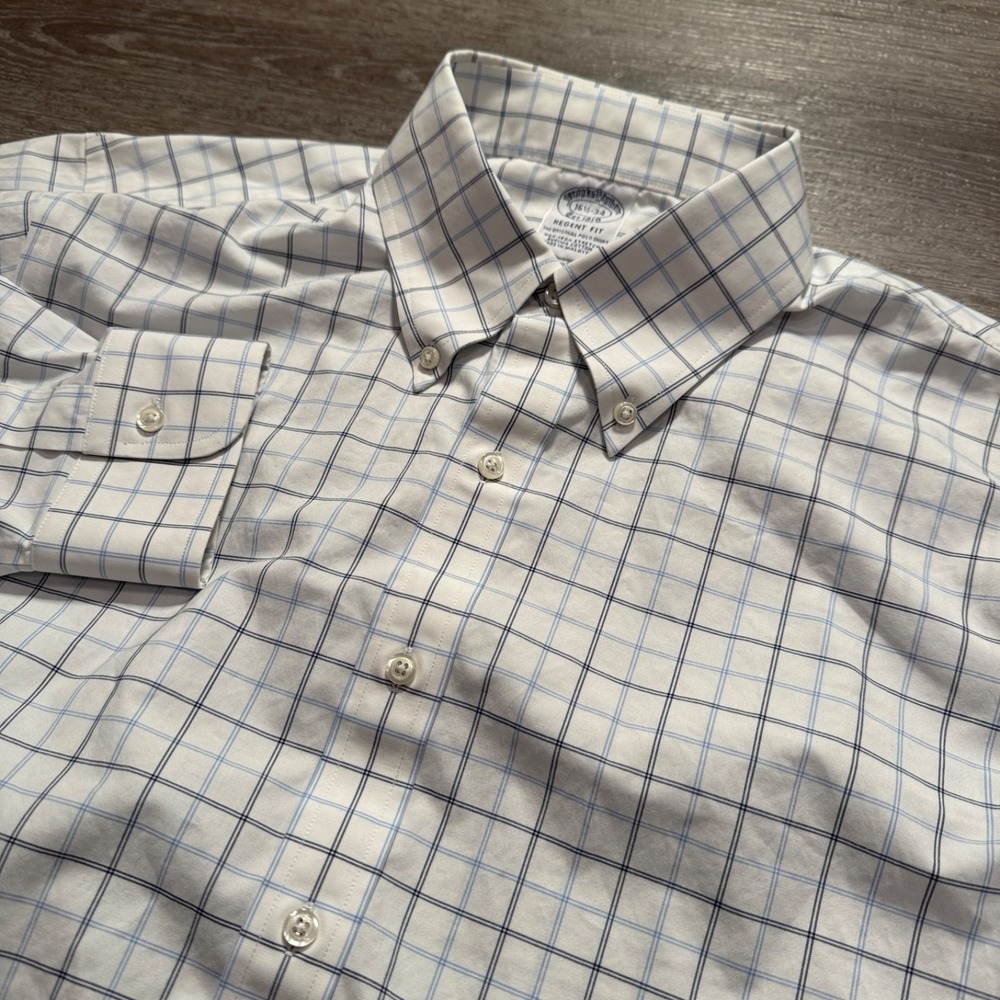 Brooks Brothers Dress Shirt Mens 16.5 34 Blue Check Supima Cotton Non Iron Shirt